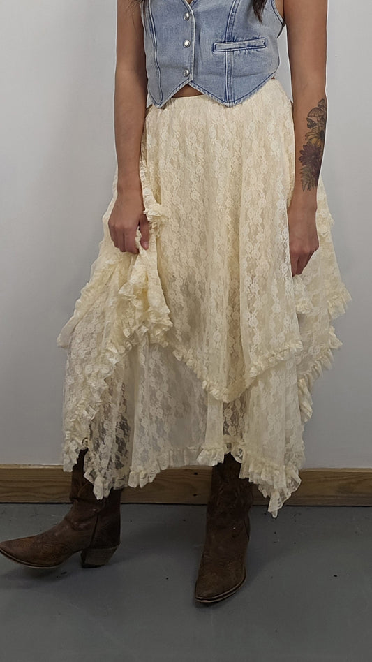 Lace Tier Midi Skirt (Cream)