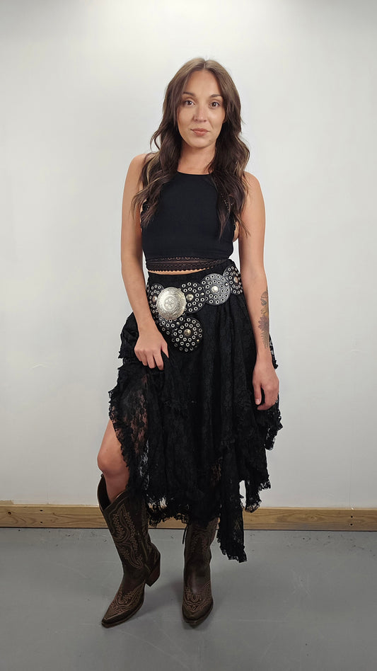 Lace Tier Midi Skirt (Black)