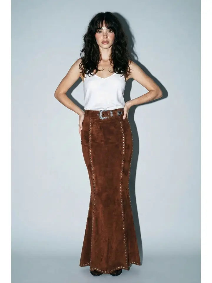 Desperado Faux Suede Finish Studded Maxi Skirt