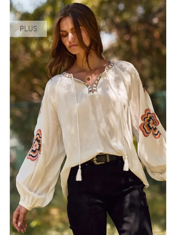 Retro Bloom Embroidered Blouse - PLUS