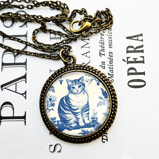 Blue Chinoiserie Cat Pendant Necklace
