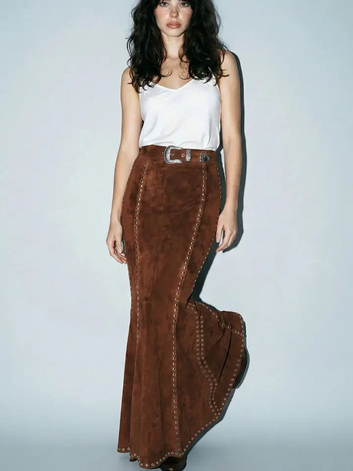 Desperado Faux Suede Finish Studded Maxi Skirt