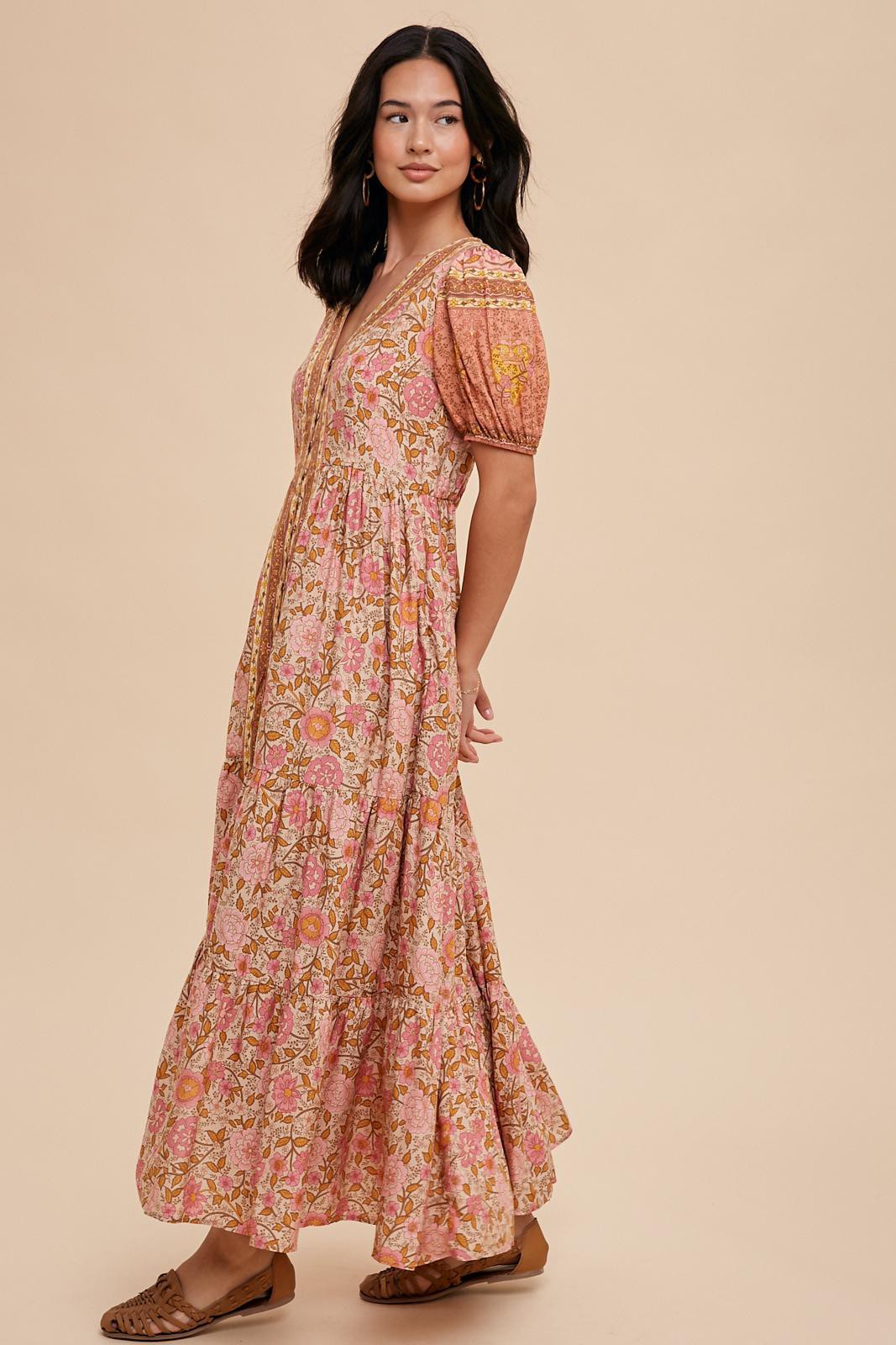 Border Print Button Down Maxi Dress